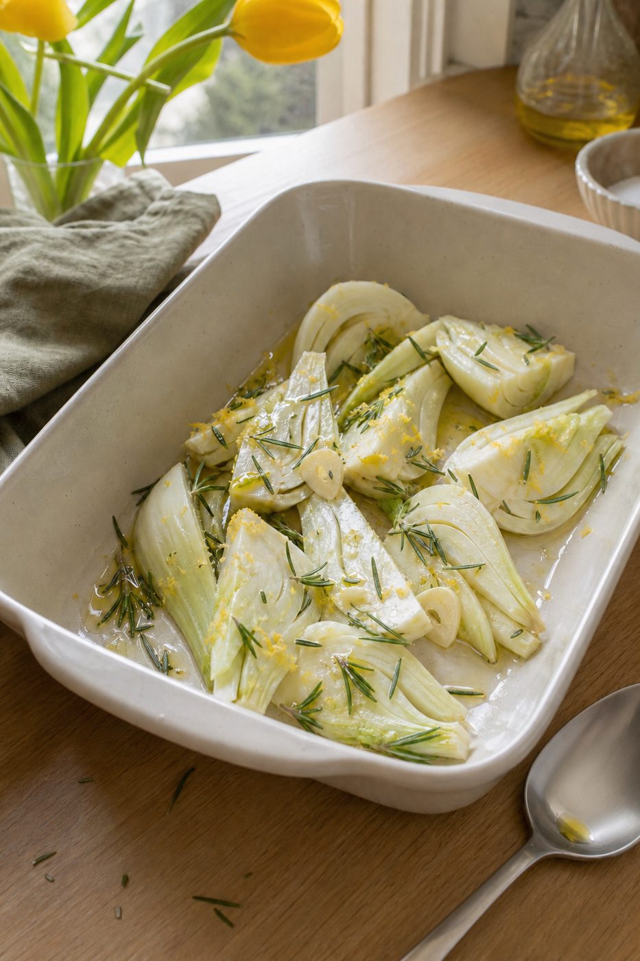 Schritt 1: Die Fenchelspalten mit Öl, Knoblauch, Rosmarin und Zitronenabrieb mischen.