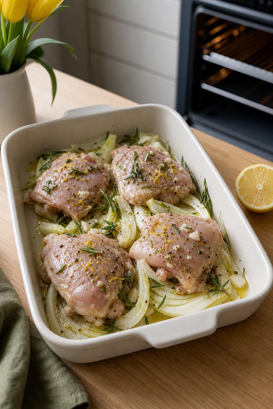 Schritt 2: Die gewürzten Hähnchenschenkel auf den Fenchel legen.