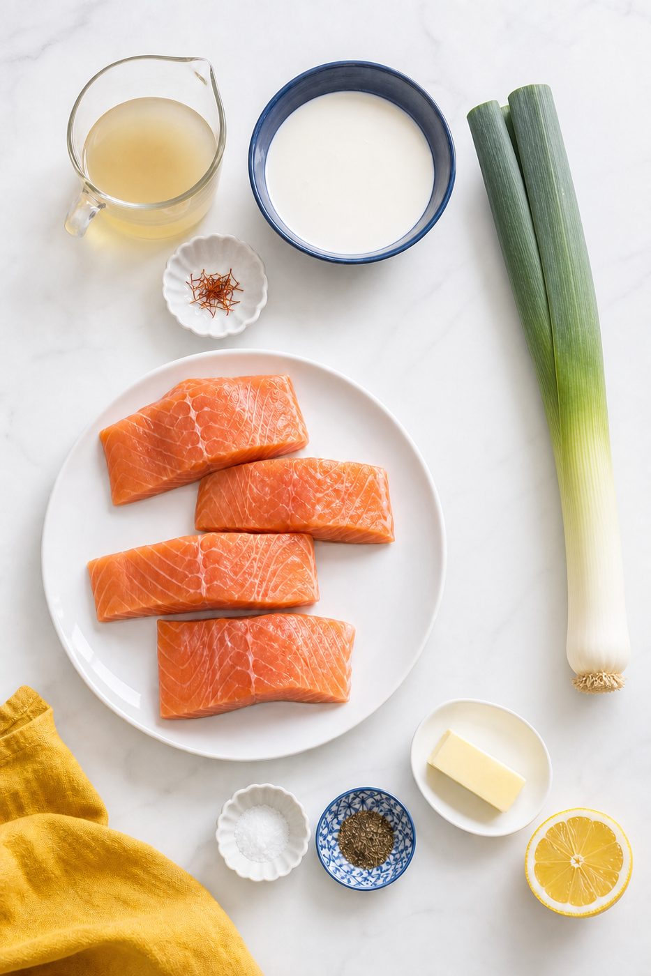 Zutaten für Lachs in Safran-Lauch-Rahm