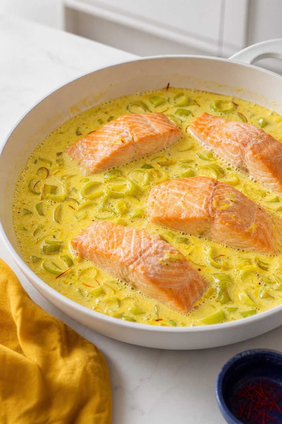 Schritt 2: Den Lachs in den Safran-Lauch-Rahm setzen und sanft gar ziehen lassen.