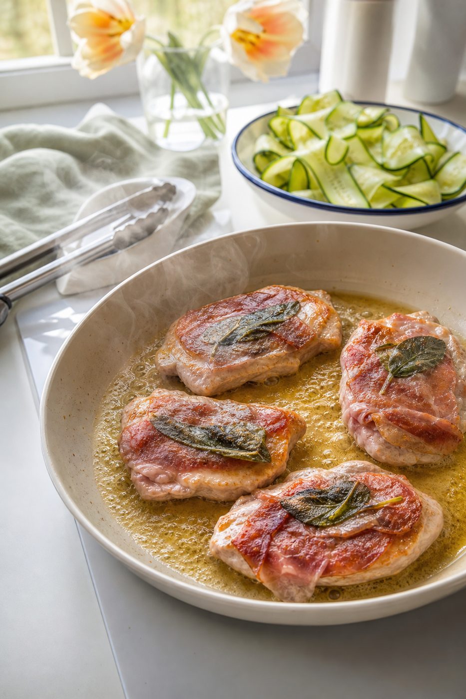 Schritt 2: Die Saltimbocca braten und währenddessen die Zucchinibänder vorbereiten.
