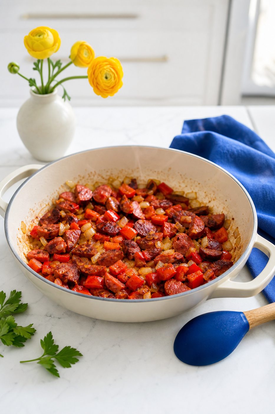 Schritt 1: Chorizo, Paprika und Zwiebel zusammen in Olivenöl anbraten, bis das rote Fett austritt.