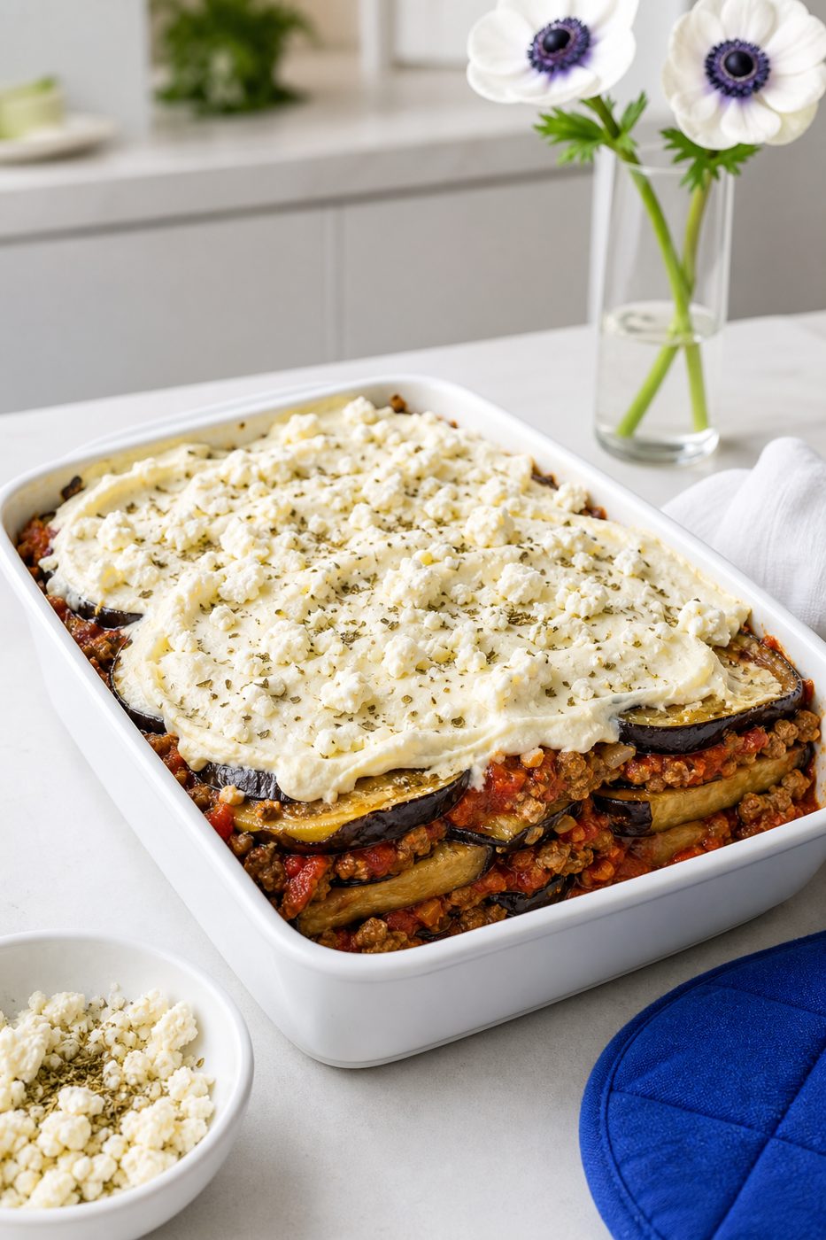 Schritt 2: Hack und Auberginen abwechselnd einschichten, mit der Joghurtmasse übergießen und Feta aufstreuen.