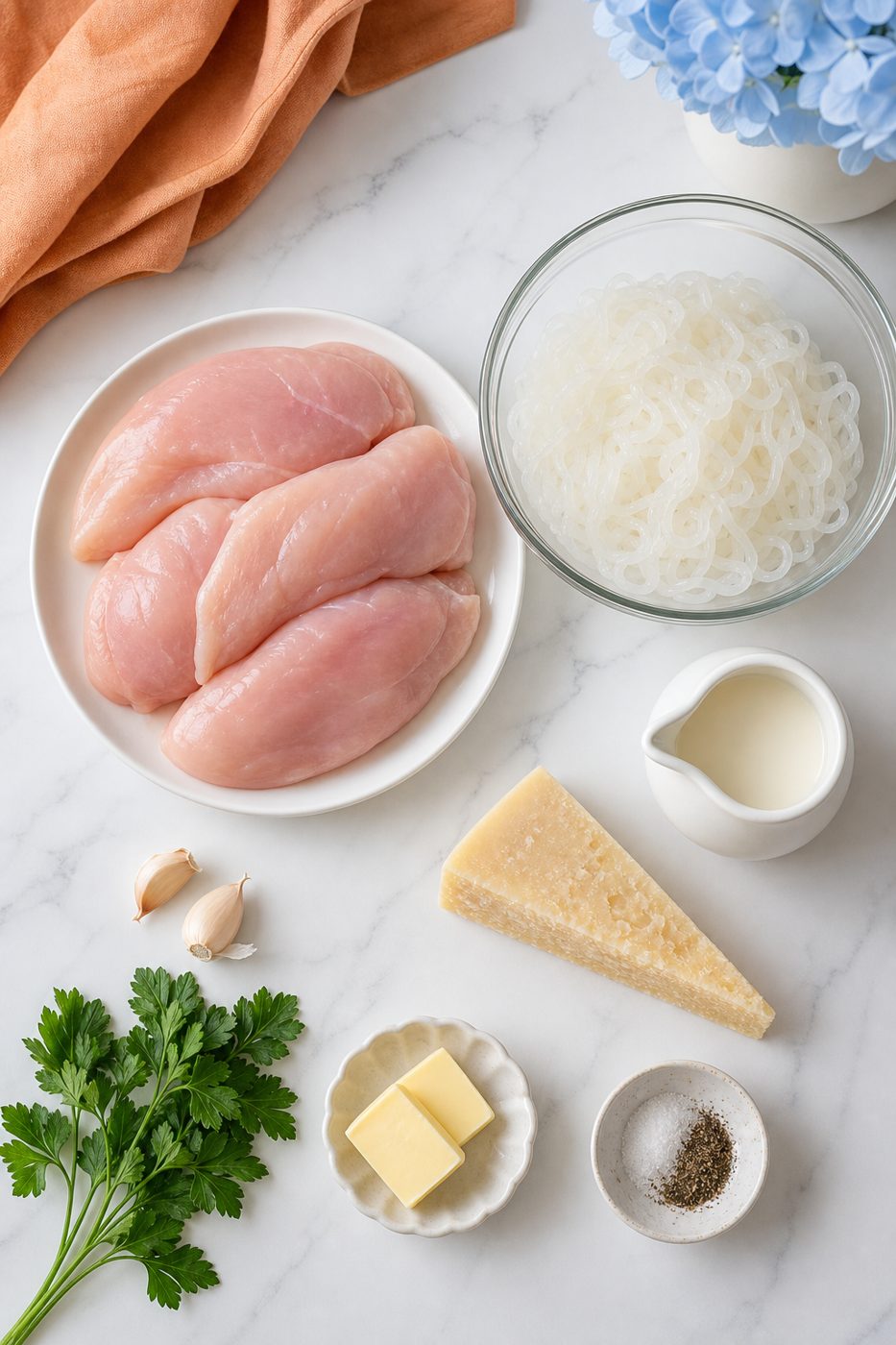 Zutaten für Hähnchen-Alfredo mit Konjaknudeln