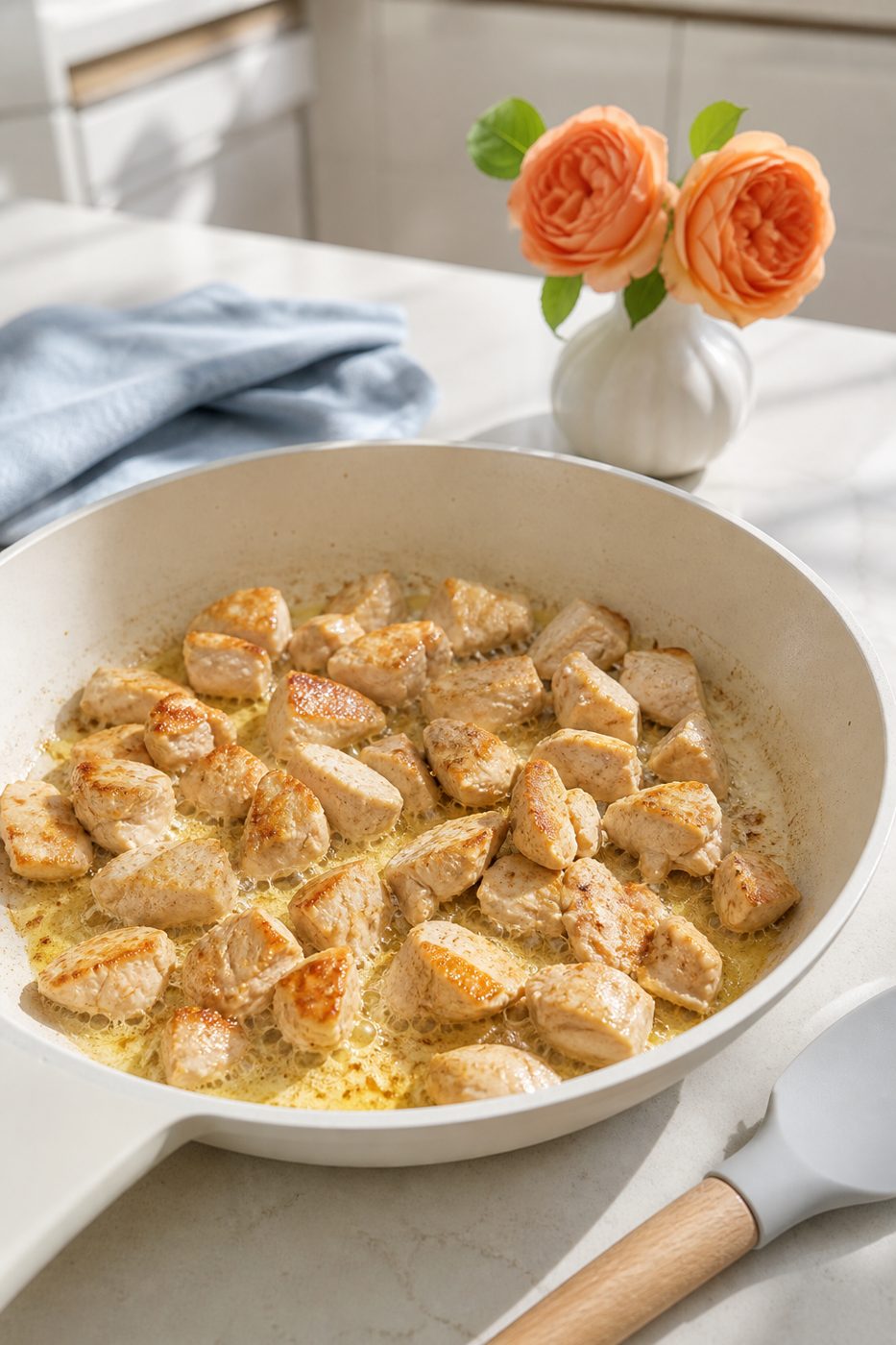 Schritt 1: Die Hähnchenwürfel in heißer Butter goldbraun anbraten.
