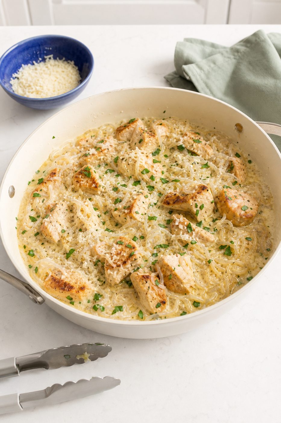 Schritt 2: Die gespülten Konjaknudeln in der cremigen Alfredo-Sauce erhitzen.