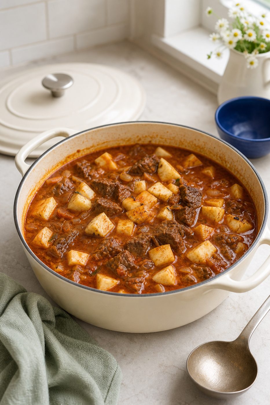 Schritt 2: Das Gulasch mit den Selleriewürfeln weiterschmoren, bis alles weich ist.