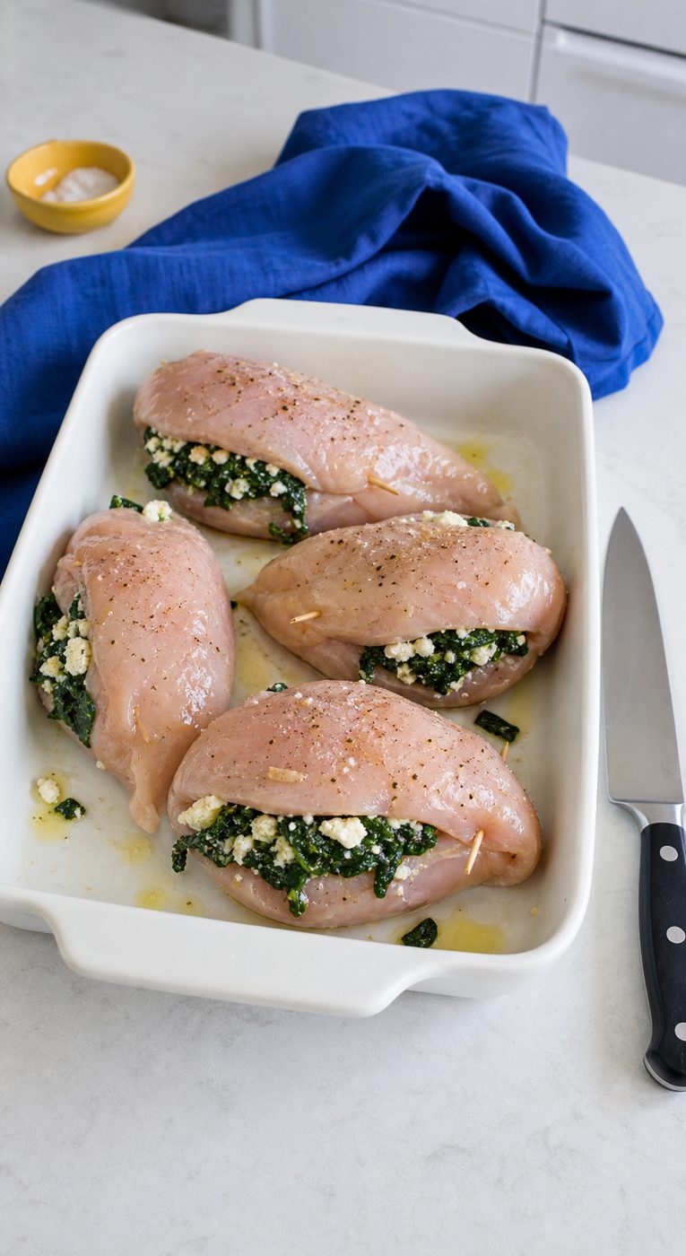 Schritt 2: Die Taschen in den Hähnchenbrüsten mit der Spinat-Feta-Masse füllen.