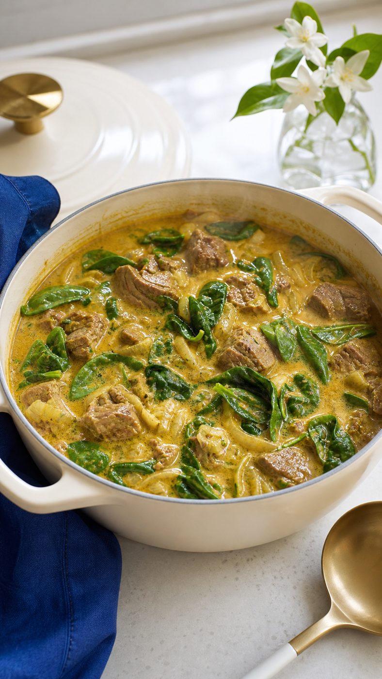 Schritt 2: Den frischen Spinat zum Schluss unter das Kokos-Curry heben.