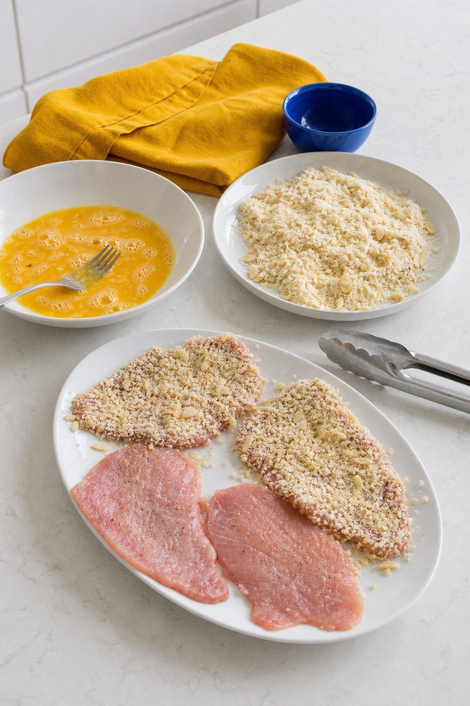 Schritt 1: Die Schnitzel in Ei und der Mischung aus Parmesan und Mandelmehl wenden.