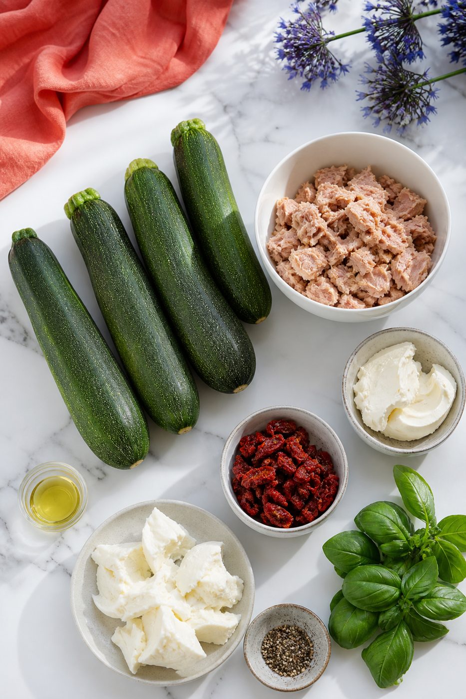 Zutaten für Thunfischgefüllte Zucchiniboote