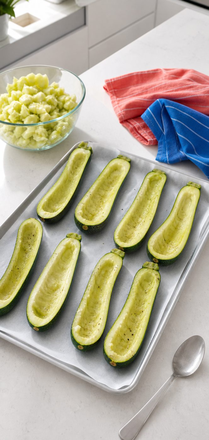 Schritt 1: Die Zucchini der Länge nach halbieren und das Fruchtfleisch herauslöffeln.