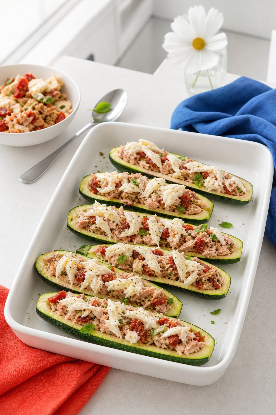 Schritt 2: Die Boote mit der Thunfischmasse füllen und mit Mozzarella bestreuen.