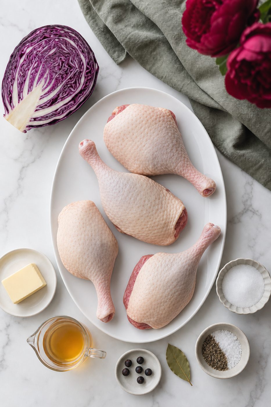 Zutaten für Entenkeule mit Wacholder-Rotkohl