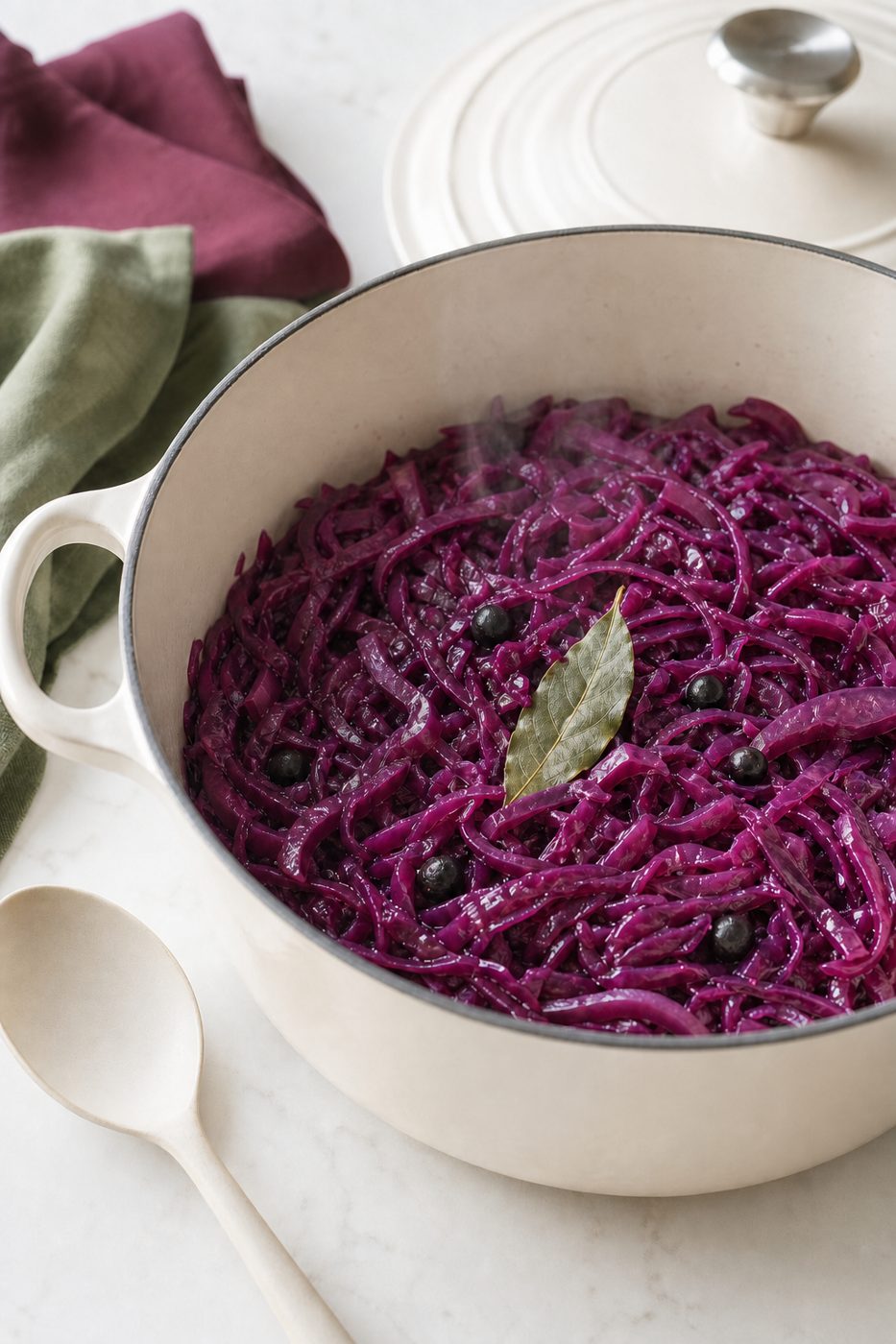 Schritt 2: Den Rotkohl mit Wacholderbeeren und Lorbeerblatt im geschlossenen Topf langsam schmoren lassen.