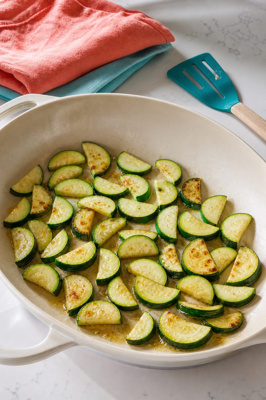 Schritt 1: Die Zucchini in Halbmonde schneiden und in heißem Olivenöl goldbraun anbraten.