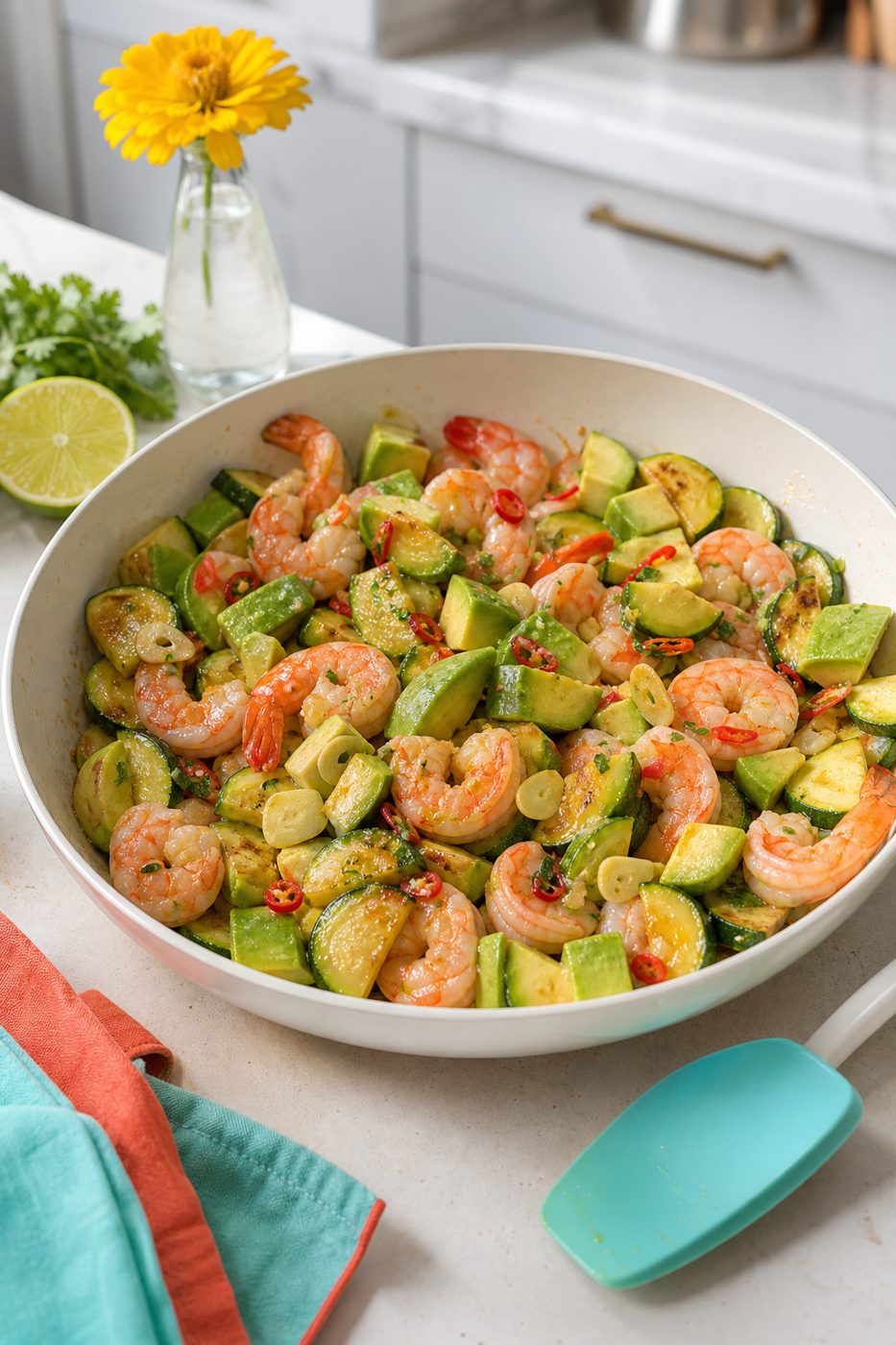 Schritt 2: Garnelen und Avocadowürfel vorsichtig unter das Gemüse heben, damit nichts zerfällt.