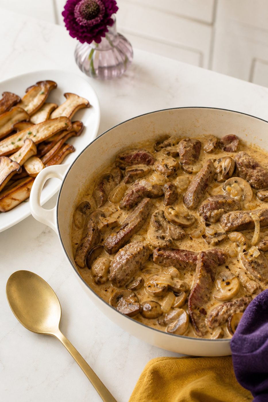 Schritt 2: Die Sauce aus Zwiebel, Champignons, Senf und saurer Sahne mit den Pilzstreifen zusammenbringen.