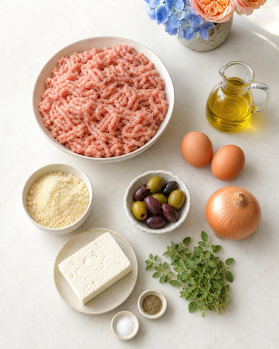 Zutaten für Putenhackbraten mit Feta und Oliven
