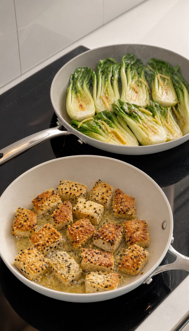 Schritt 2: Den Tofu in Avocadoöl knusprig braten und den Pak Choi mit Ingwer dazu garen.