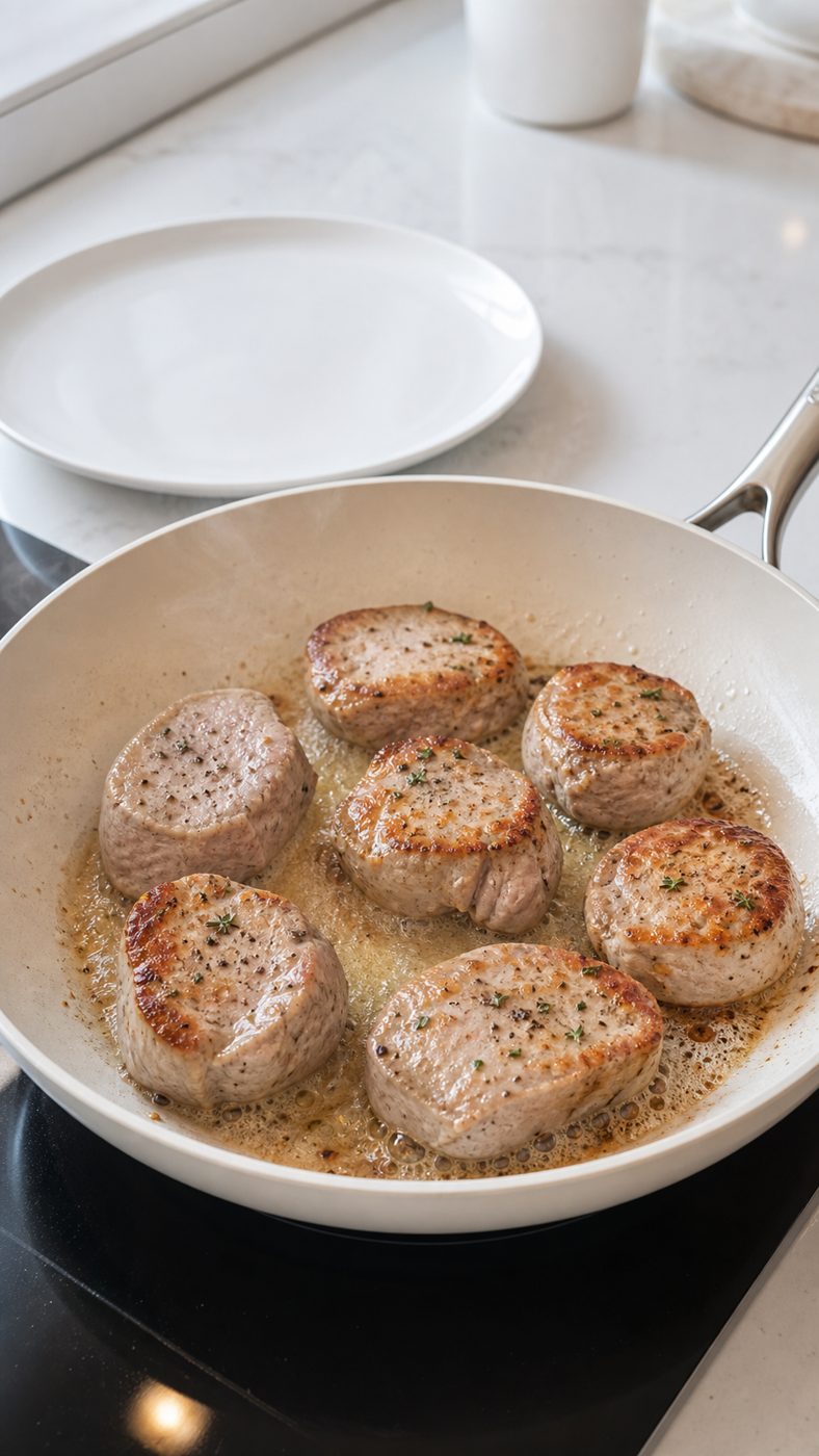 Schritt 1: Die gewürzten Medaillons in heißer Butter von beiden Seiten goldbraun anbraten.