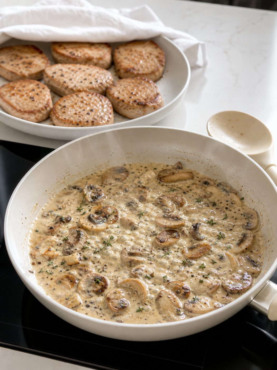 Schritt 2: Die Pilzrahmsauce mit Senf und Thymian im Bratsatz sämig einkochen lassen.