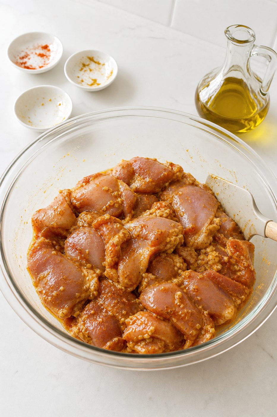 Schritt 1: Das Hähnchen mit Olivenöl und den Shawarma-Gewürzen gründlich marinieren.