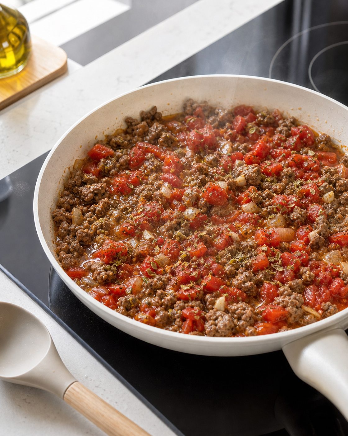 Schritt 1: Das Rinderhack mit Tomaten und Oregano bei kleiner Hitze langsam einköcheln lassen.
