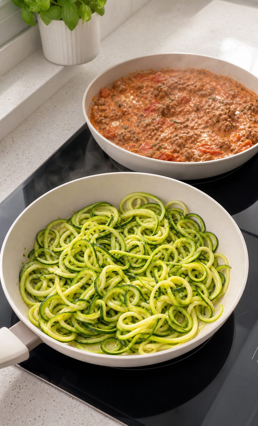 Schritt 2: Die Zoodles kurz anbraten und den Mascarpone in die fertige Sauce rühren.