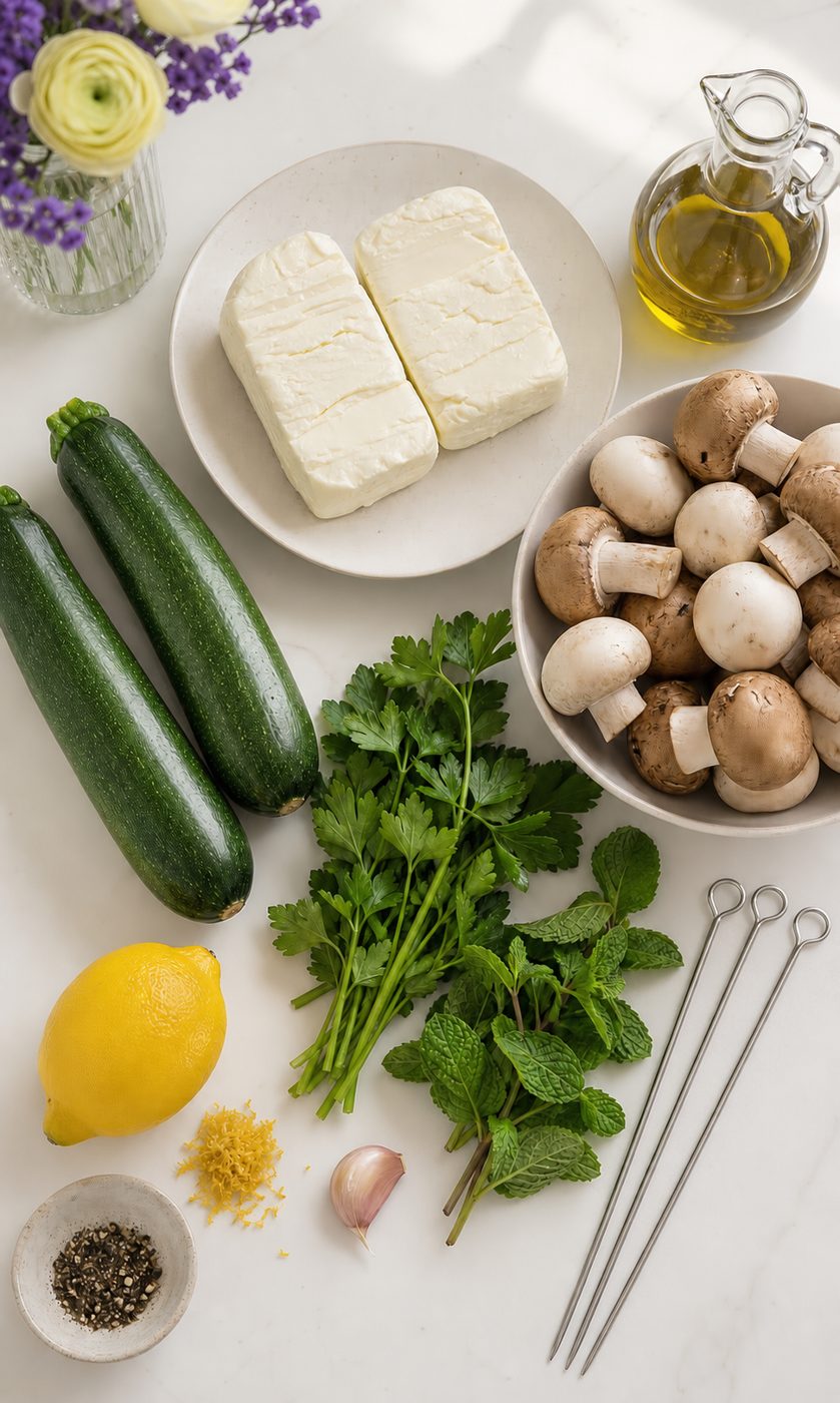 Zutaten für Halloumi-Pilz-Spieße mit Kräuteröl
