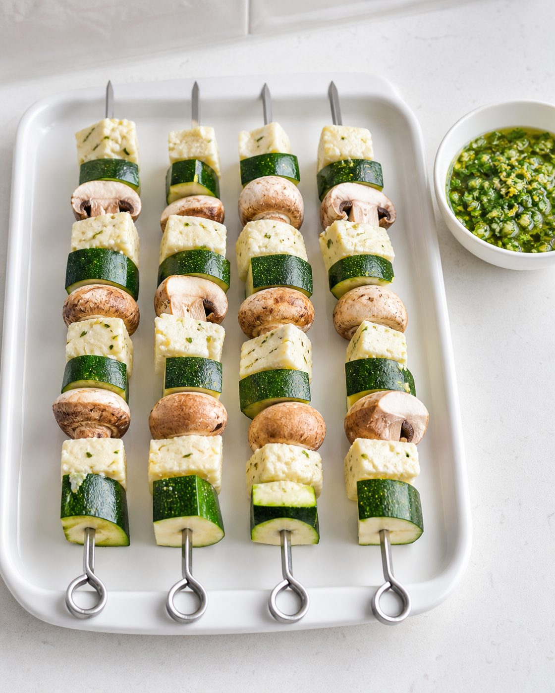 Schritt 1: Halloumi, Zucchini und Champignons abwechselnd auf die Spieße stecken.