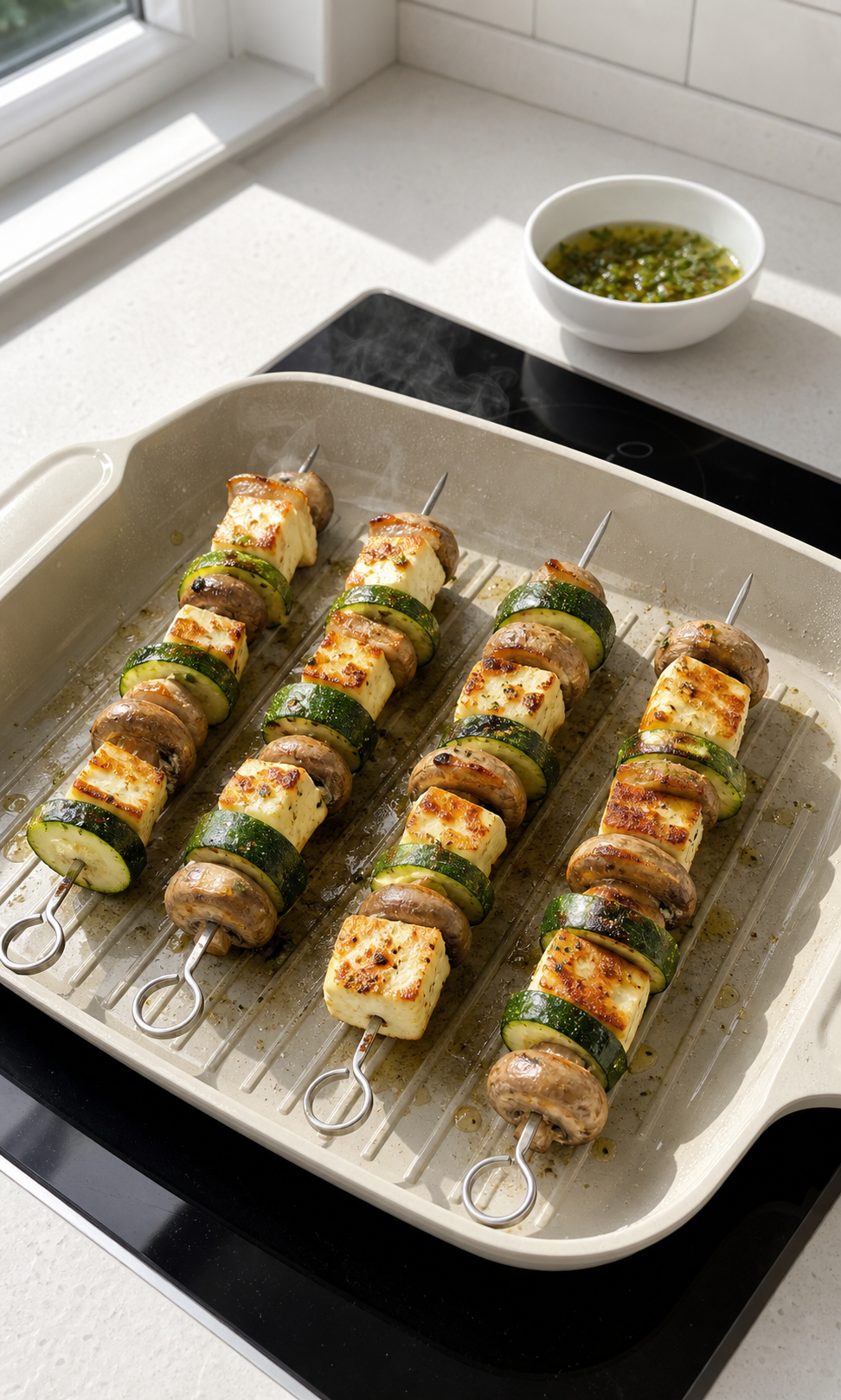 Schritt 2: Die Spieße rundherum grillen, bis Halloumi und Gemüse goldbraune Stellen bekommen.