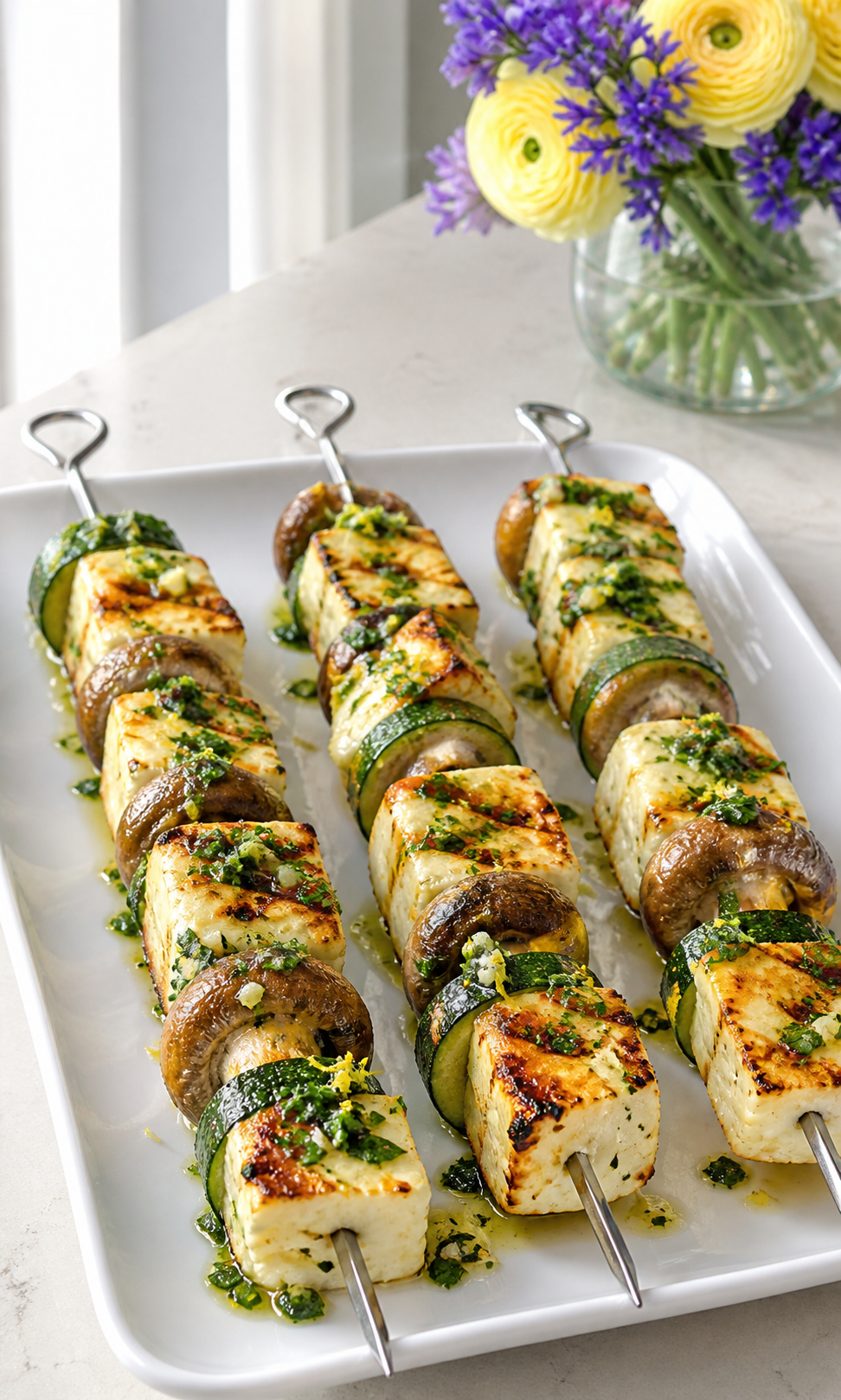 Halloumi-Pilz-Spieße mit Kräuteröl