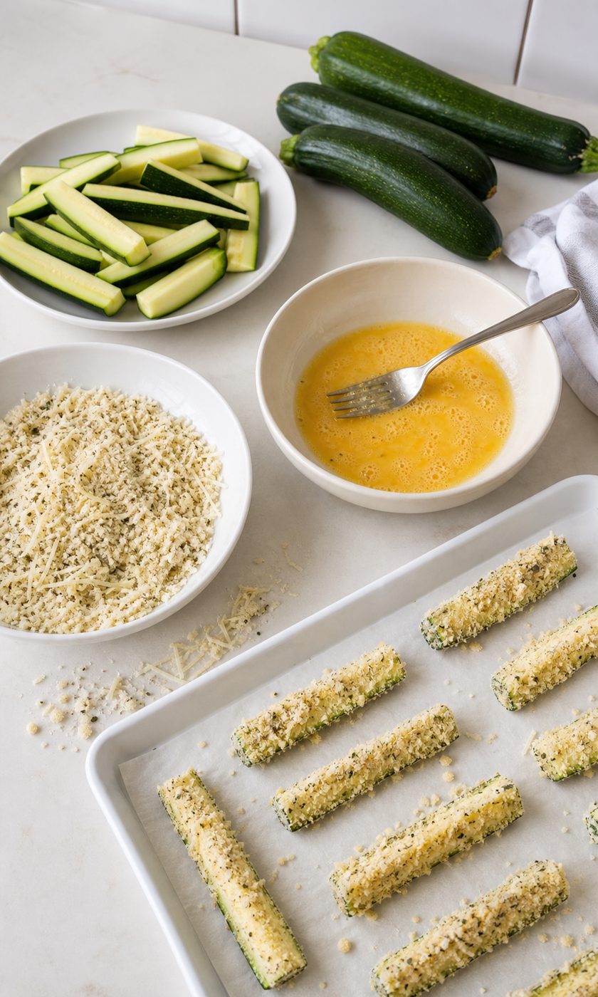 Schritt 1: Die Zucchinistifte erst durch das verquirlte Ei ziehen und dann in der Parmesanmischung wenden.