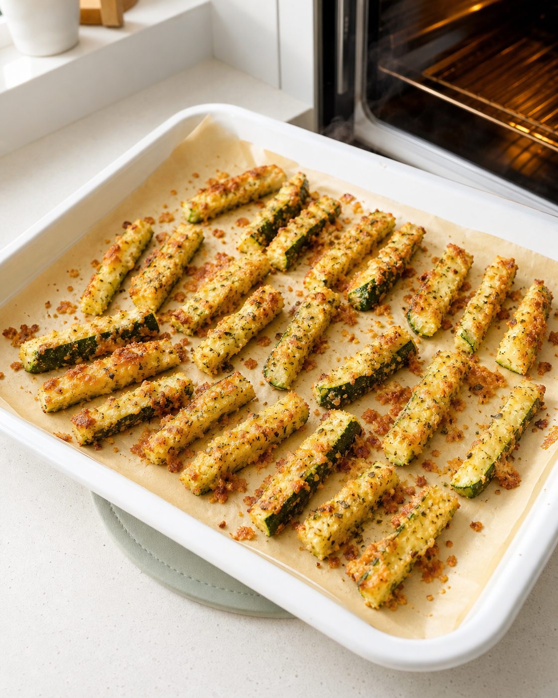 Schritt 2: Die panierten Sticks nebeneinander auf dem Backpapier goldbraun und knusprig backen.