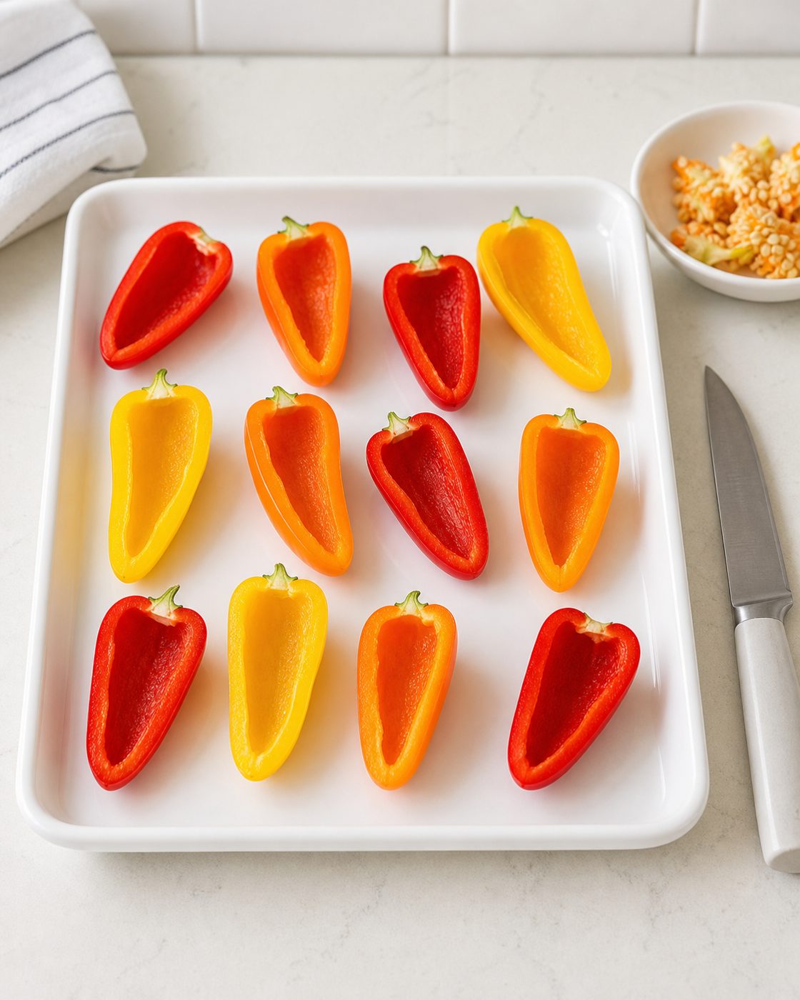 Schritt 1: Die Mini-Paprika längs halbieren und die Kerne mit einem kleinen Löffel herauslösen.