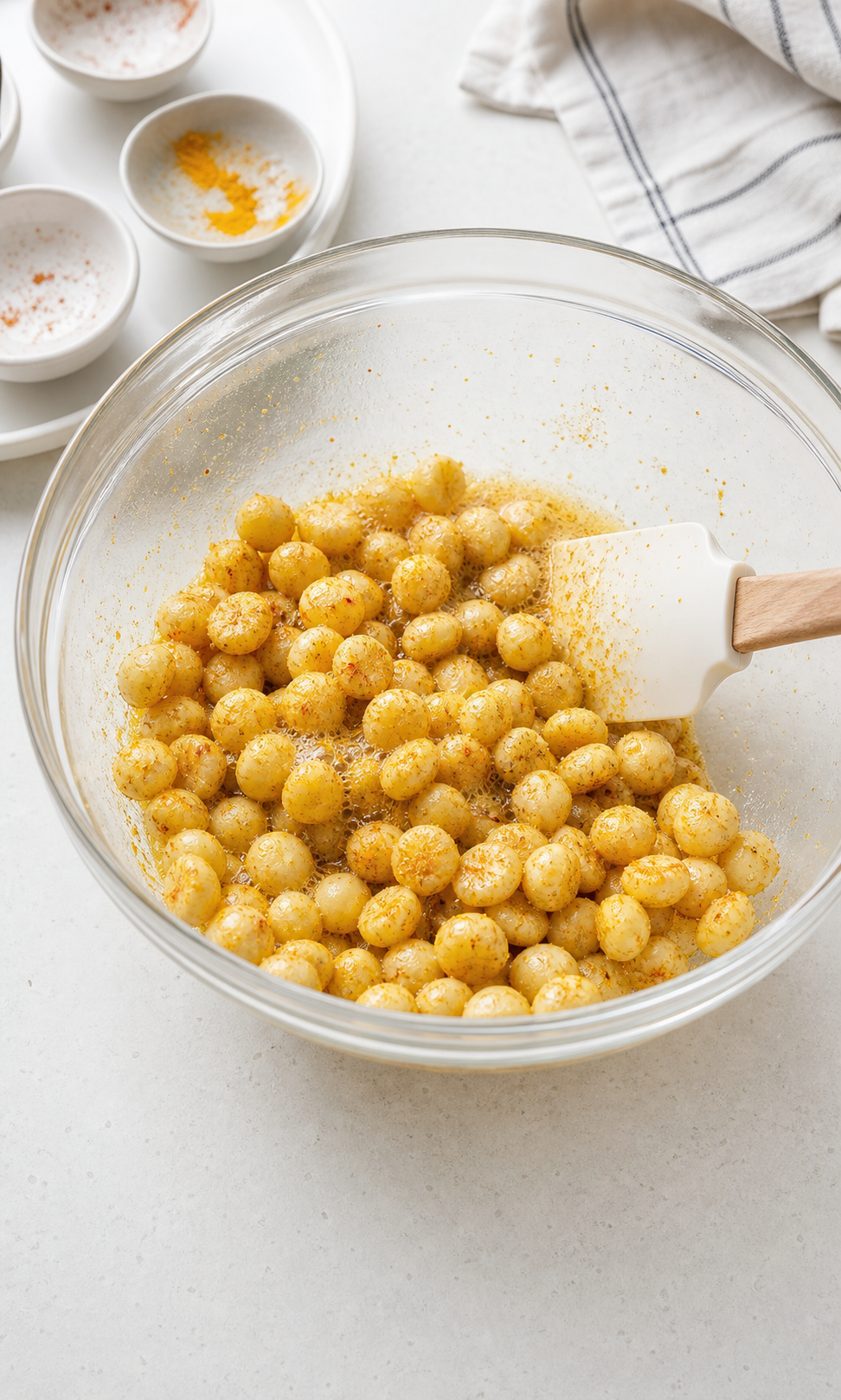 Schritt 1: Die Macadamias mit dem verquirlten Eiweiß und den Currygewürzen gründlich vermengen.