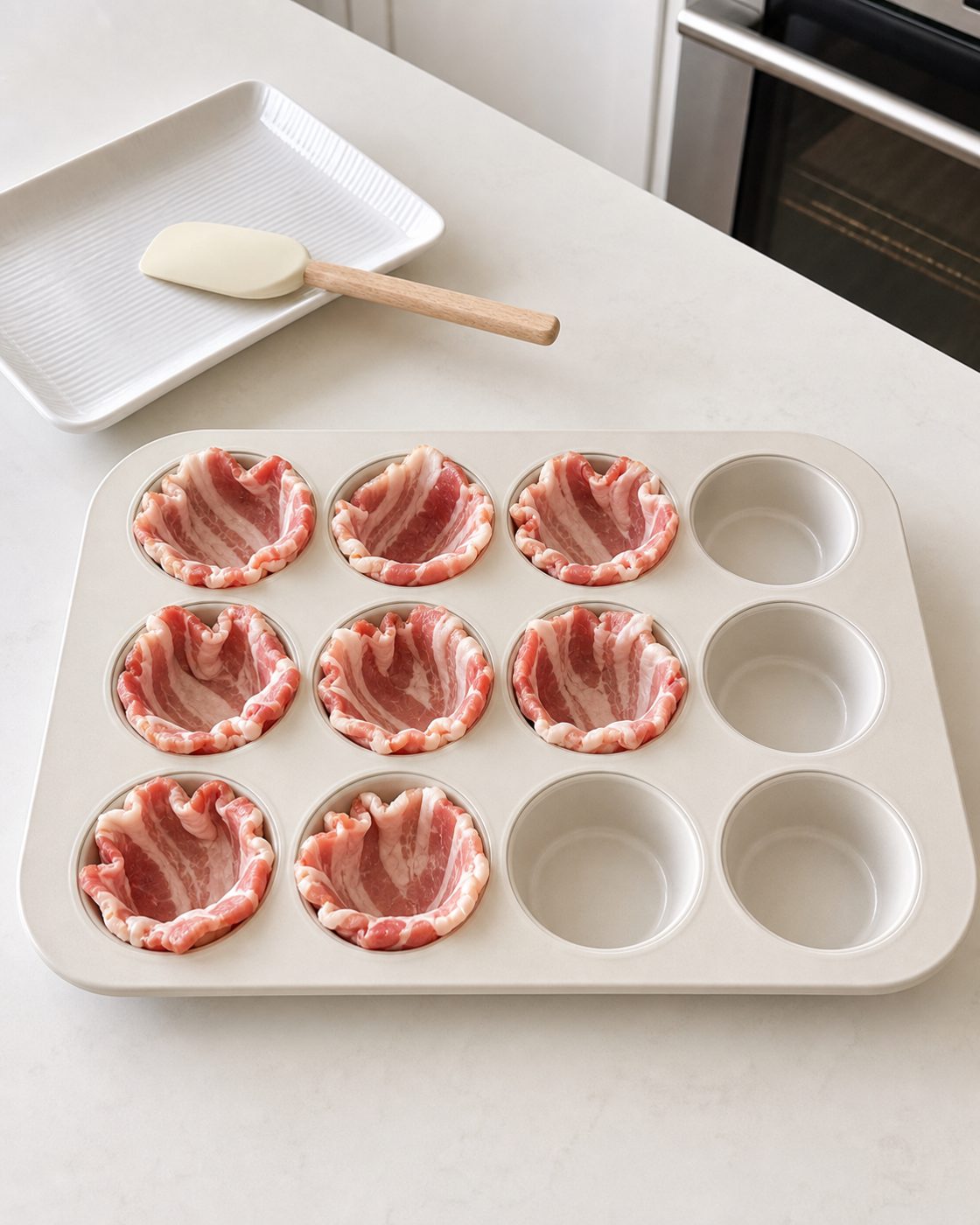 Schritt 1: Die Baconscheiben in acht Muffinmulden zu kleinen Schalen auslegen.