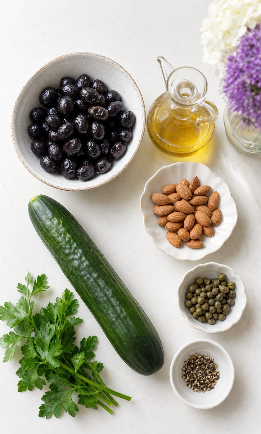 Zutaten für Oliven-Mandel-Tapenade auf Gurke