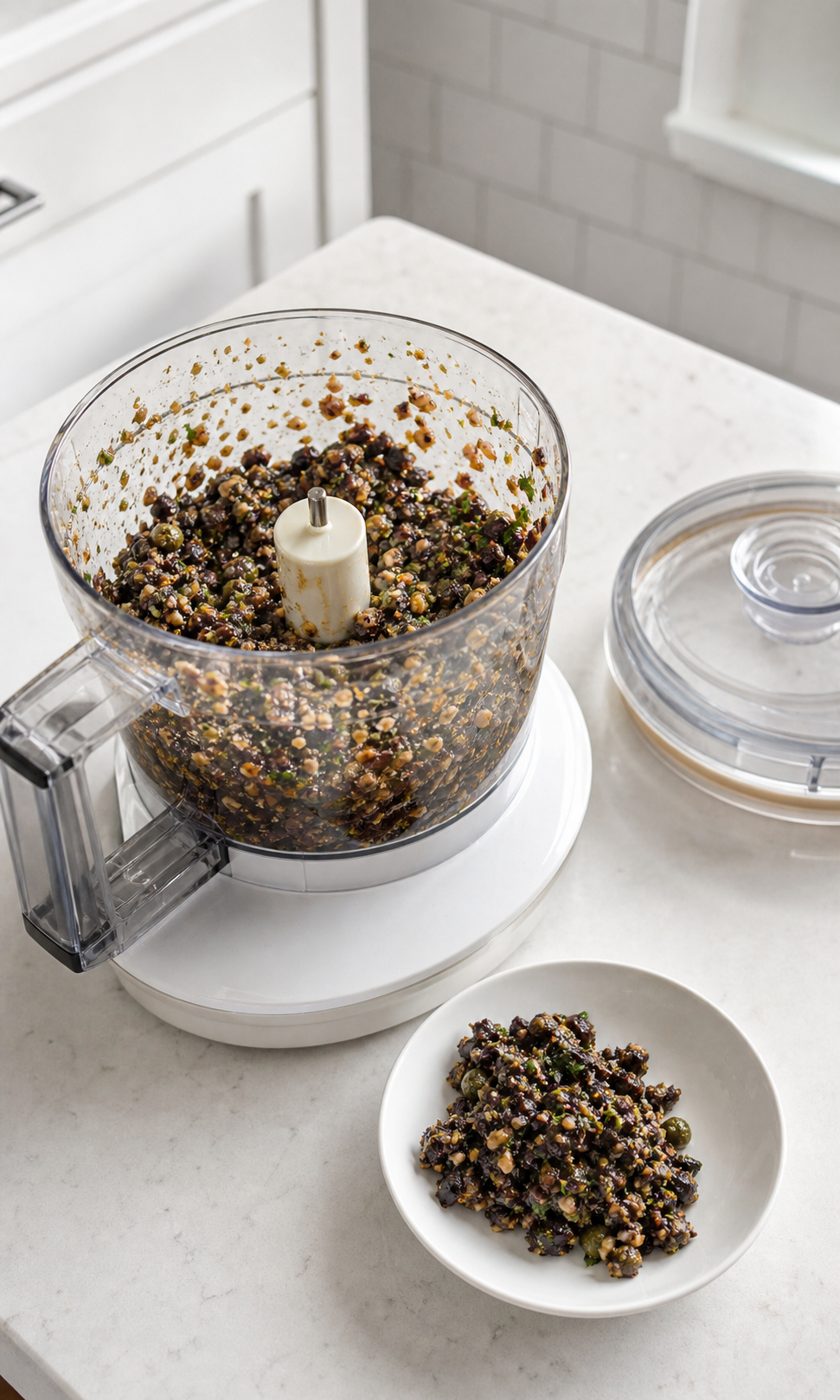 Schritt 1: Oliven, Mandeln, Kapern, Öl, Petersilie und Pfeffer im Mixer grob zerkleinern.