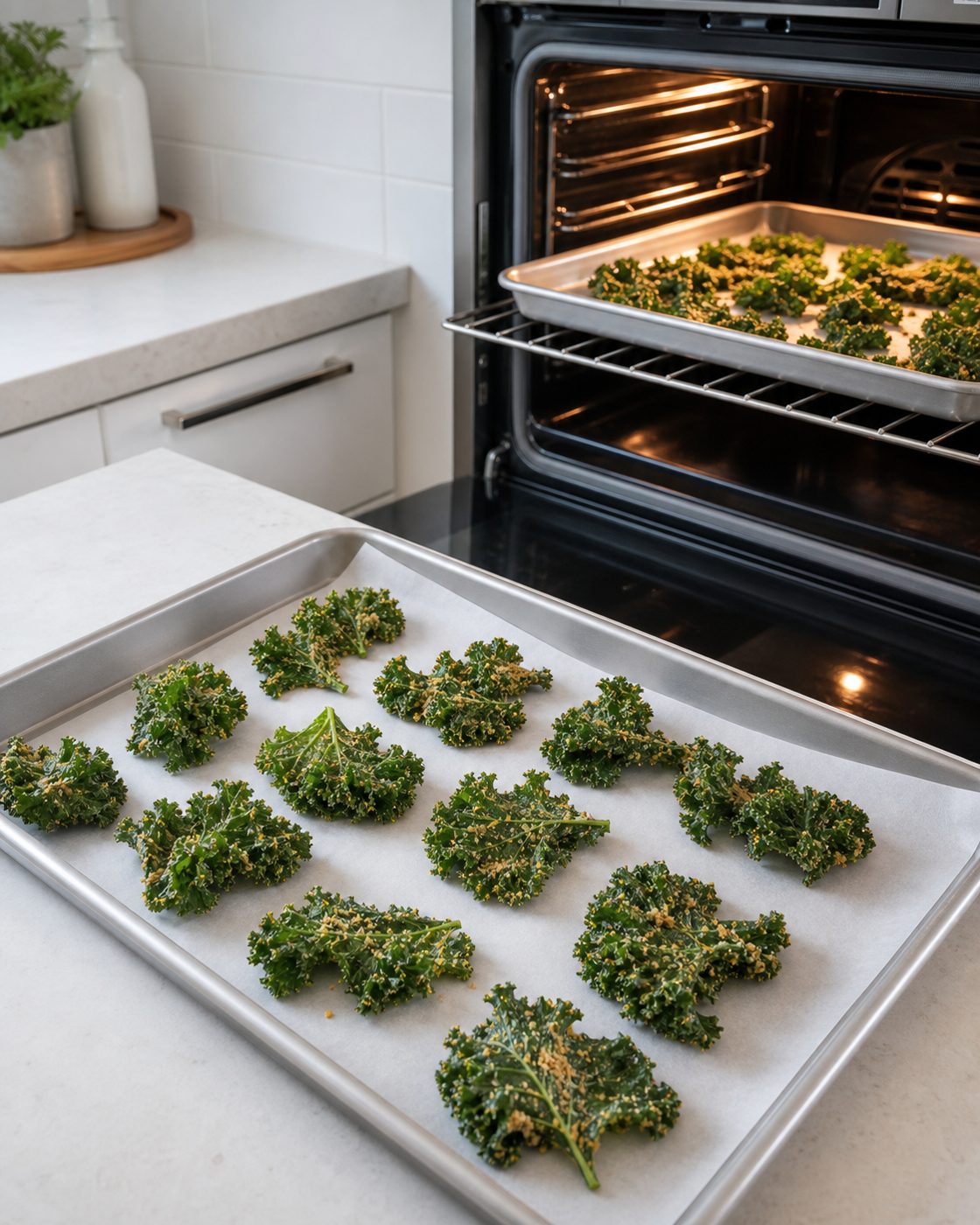 Schritt 2: Den gewürzten Grünkohl einzeln auf zwei Blechen verteilen und knusprig backen.