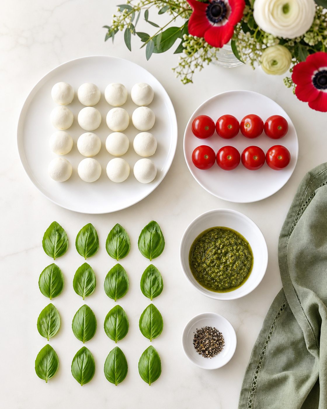 Zutaten für Mozzarella-Pesto-Tomaten-Happen