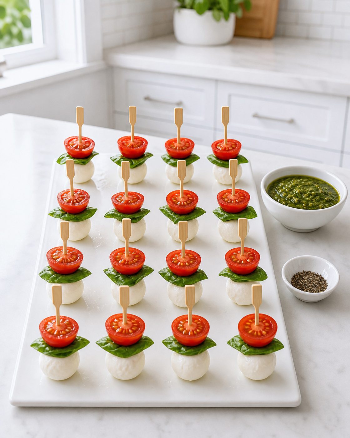 Schritt 2: Mozzarella, Basilikumblatt und Tomatenhälfte zu sechzehn kleinen Spießen zusammenstecken.