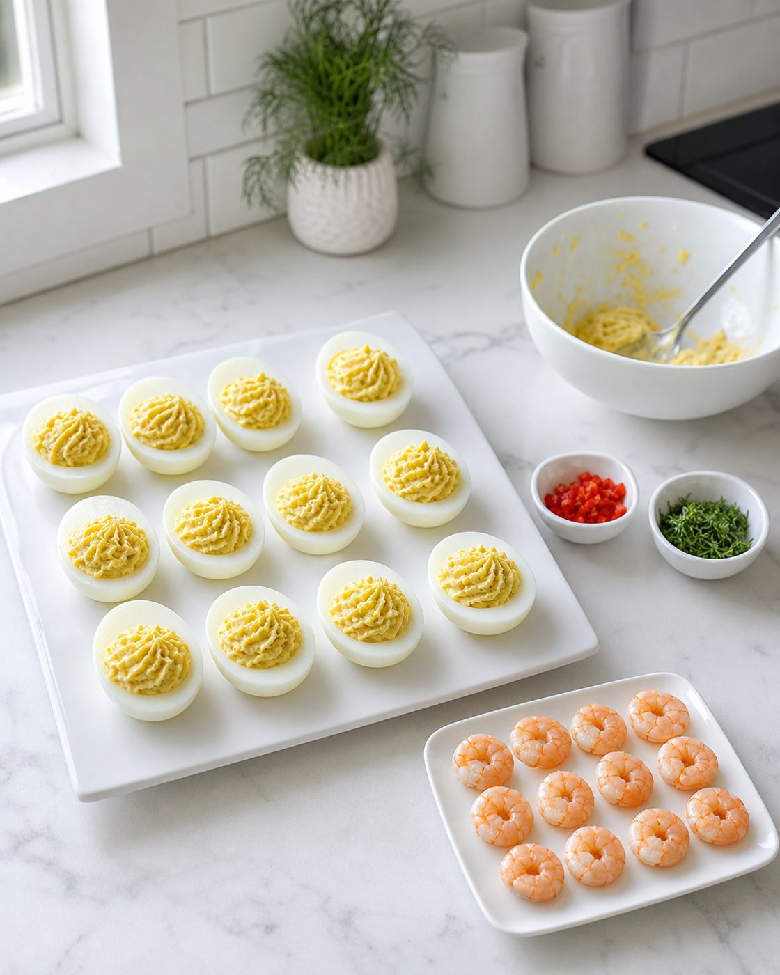 Schritt 2: Die zwölf Eihälften mit der Creme füllen und die Garnelen bereitlegen.