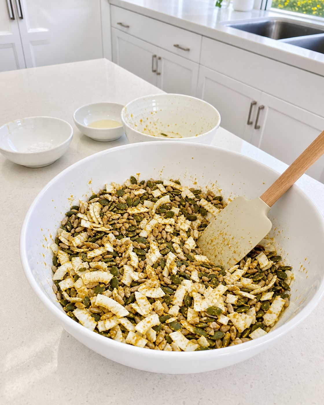 Schritt 1: Kürbiskerne, Sonnenblumenkerne, Kokoschips und Currypulver gründlich mischen.