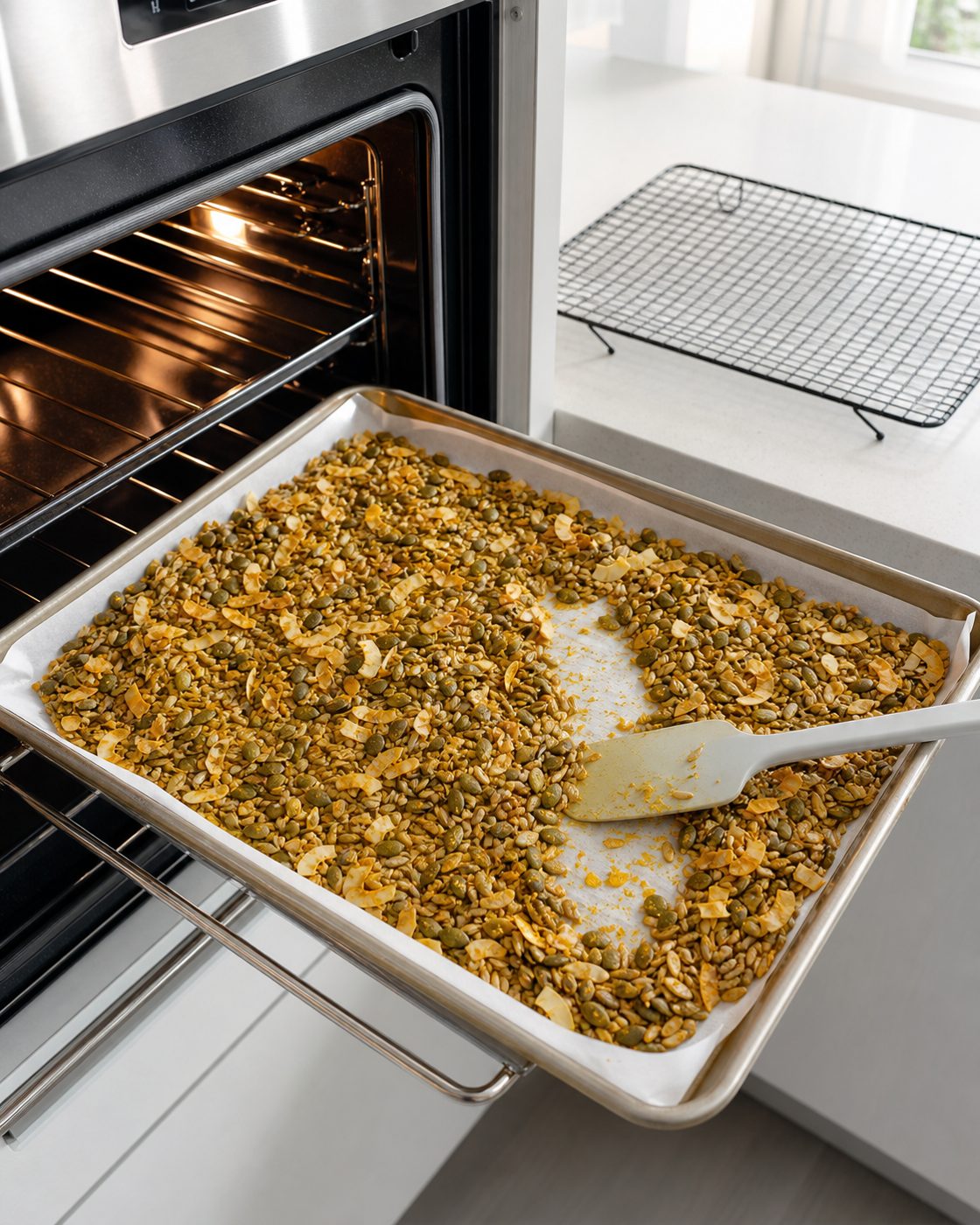 Schritt 2: Den Kernemix auf dem Blech rösten und zwischendurch wenden.