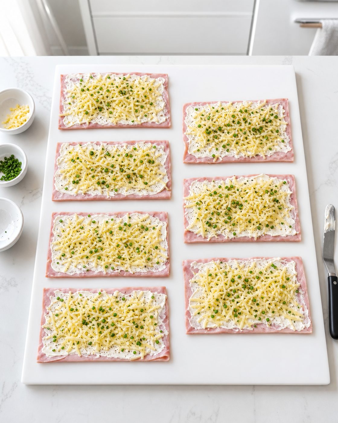 Schritt 1: Die sieben Schinkenscheiben mit Frischkäse bestreichen und mit Gouda und Schnittlauch belegen.