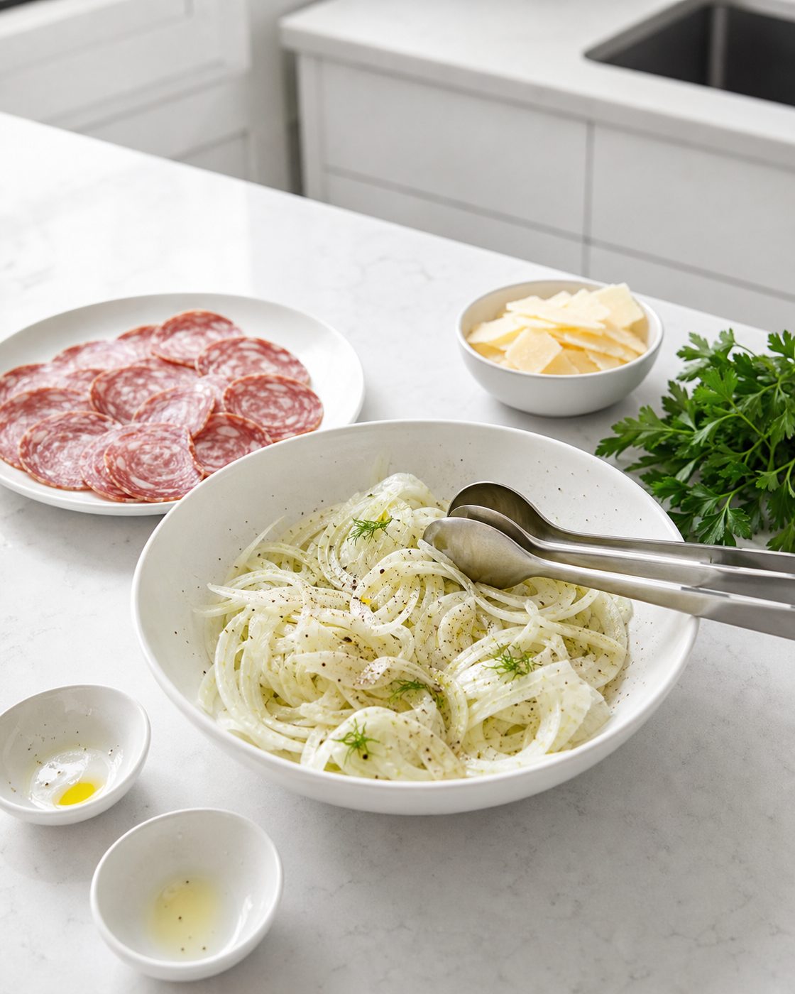Schritt 2: Den Fenchel mit Olivenöl, Zitronensaft und Pfeffer marinieren.