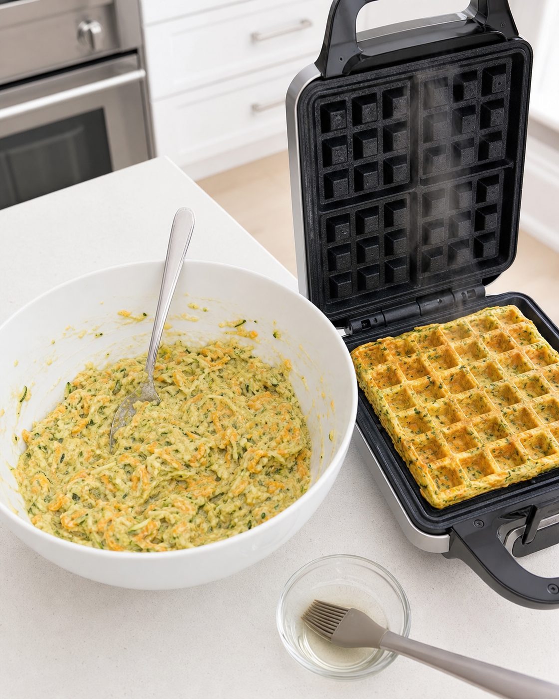 Schritt 2: Den Zucchini-Cheddar-Teig mischen und portionsweise im Waffeleisen backen.