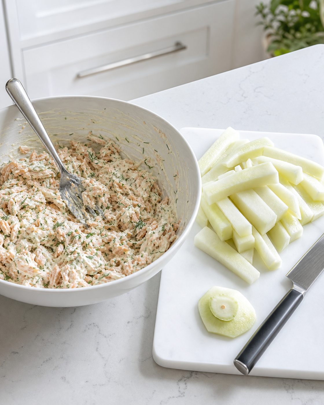 Schritt 2: Den Dip verrühren und den Kohlrabi in Stifte schneiden.